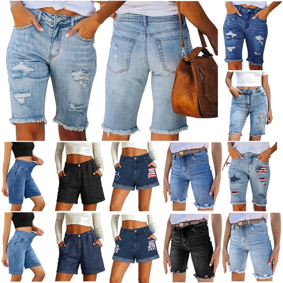 QATAINLAV Jeans Shorts for Women High Waist, Womens Denim Ripped Bermuda Shorts Casual Distressed Knee Length Stretch Short Jeans with Pockets Ropa de Verano Para Mujer 2025 Light Blue M