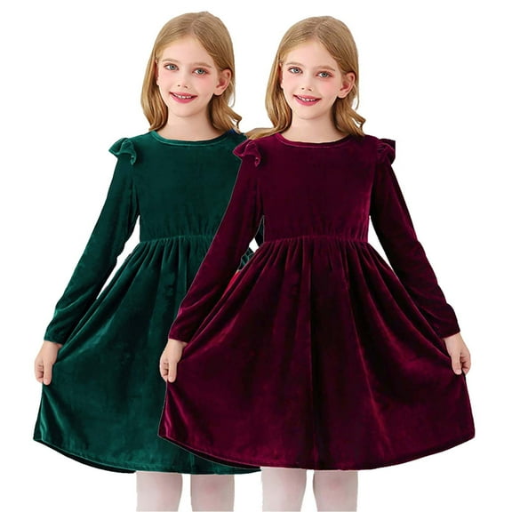 Loopsun Girls Long Sleeve Dress, Girls Casual Long Sleeve Velvet Ruffled Princess Party Dress Green, 7-8 Years