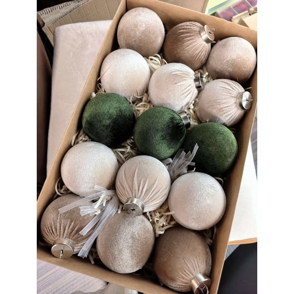 Velvet Christmas Ball Ornament Set, Multi-Texture Fabric Wrapped Hanging Baubles in Sage Green, Champagne & Taupe for Xmas Tree, Mantel & Neutral Farmhouse Winter Decor