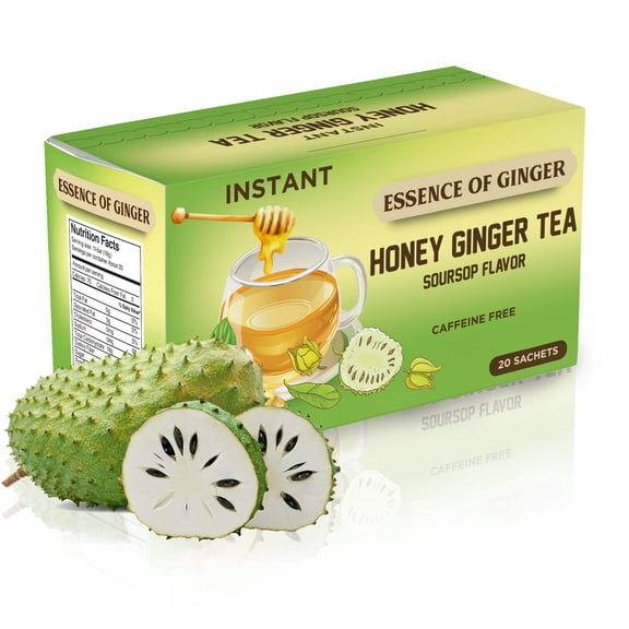 Essence Of Ginger Natural Soursop Graviola Honey Ginger Tea - 20 Packets Instant Tea Bag Sachet Powder Made With Real Pure Honey, Fresh Ginger and Graviola PawPaw Fruit - Caffeine Free