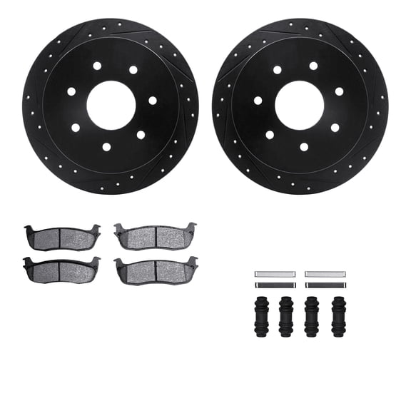 Dynamic Friction Company Rear Brake Rotors-Drilled and Slotted-Black with Ultimate Duty Performance Brake Pads includes Hardware 8412-54037