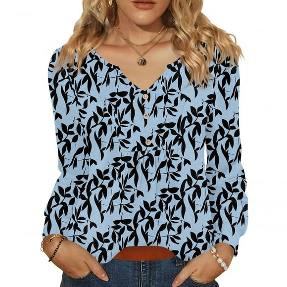 Women's 2025 Fall Pleated V-Neck Blouse Maple Leaf Season Versatility Ice Rink To Office Transition Button Down Shirt Loose Fit Casual Top Long Sleeve Breathable Poly-Cotton Sky Blue L