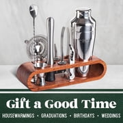Mixology Bartender Kit: 10-Piece Bar Tool Set with Mahogany Stand, Silver