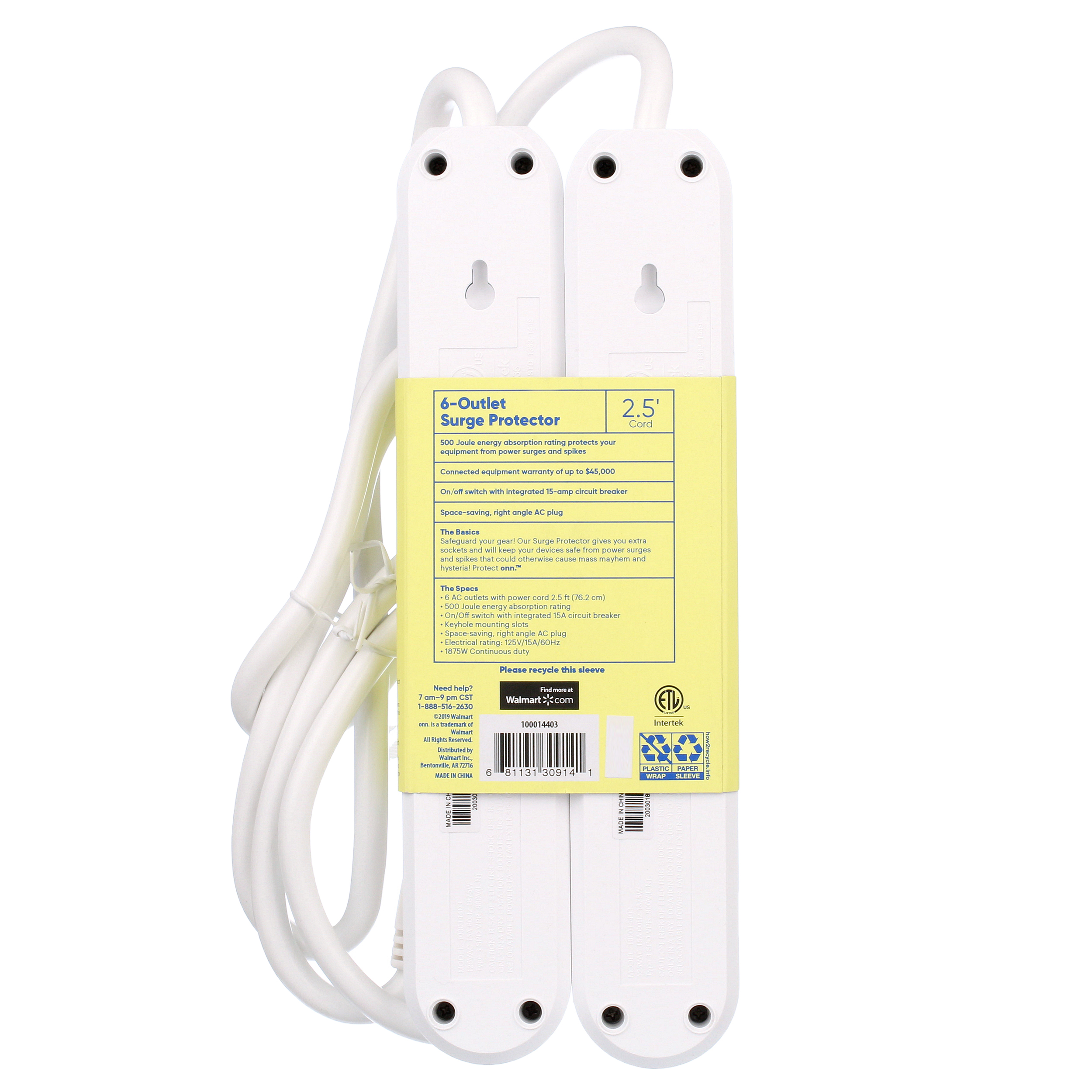 onn.  2.5ft 6 AC Outlets Surge Protector 2pk-White