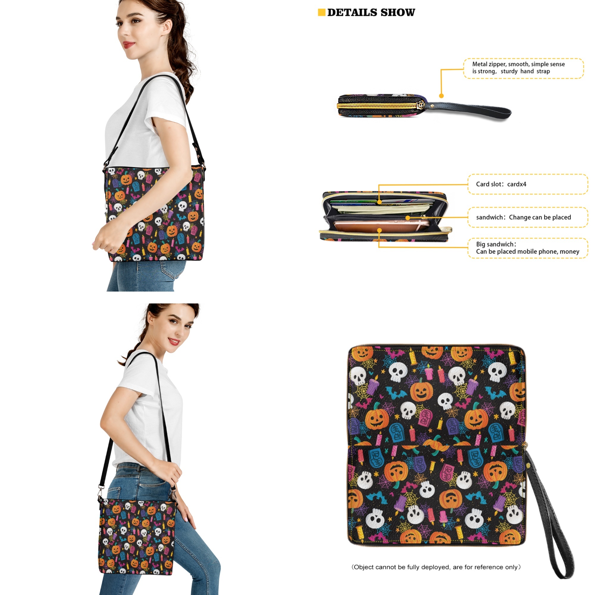 ZUXONGSY Bat Pumpkin Skull Print Crossbody Hobo Bag with Wallet Set for Women Waterproof Crossbody Handbag with Leather Wallet Fashion Bucket Bag Tote Purse Set for Travel