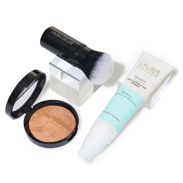 LAURA GELLER NEW YORK Laura's Must-Haves Kit de 3 piezas: base en polvo Baked Balance-n-Brighten Golden Medium + base de maquillaje para perfeccionar la piel Spackle Hydrate + brocha Kabuki redonda co