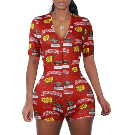 

Women Nightwear Floral Print Deep V-Neck Short Sleeve Jumpsuit Bodysuit Pajamas