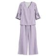 thumbnail image 7 of Women Striped Casual Two Piece Outfit, V-Neck Three Quarter Sleeve Top And Wide Leg Pants, Soft Loose Fashion Co-Ord Set For Everyday Leisure Wear Purple XXL, 7 of 7