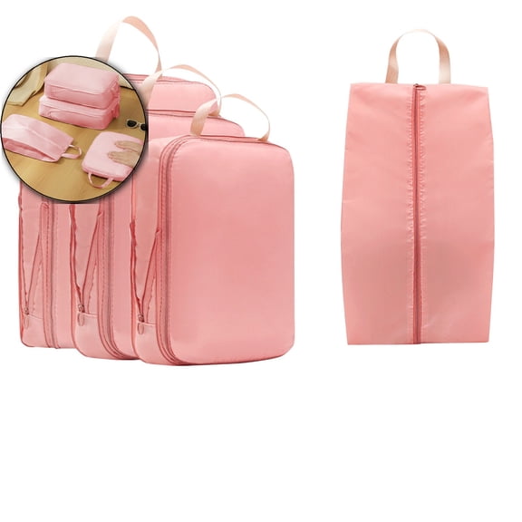 WNFJR 4-Pack Waterproof Travel Storage Bags Set - Large Capacity Double Layer Zipper Compression Organizer for Clothes, Shoes & Accessories – 15.75 x 11.02 Inches(Pink)