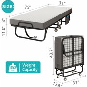 Twin Folding Bed with Mattress, 75 x 38 Portable Rollaway Bed for Adults, Metal Frame Foldable Guest Bed with Memory Foam Mattress, Daybed or Extra Sleeping Space with Side Storage Pocket