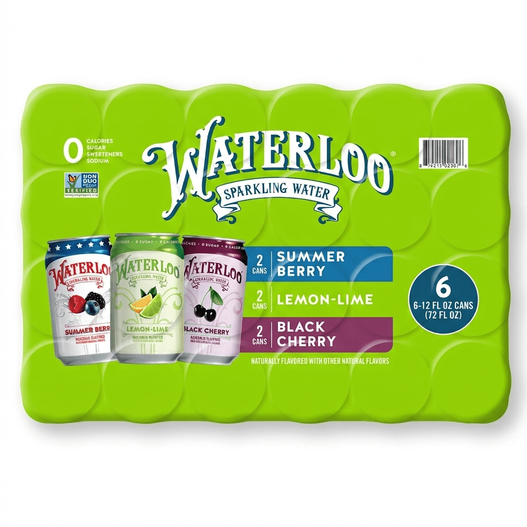 Waterloo Sparkling Water Variety Pack, Black Cherry, Lemon-Lime, Summer Berry 12 fl oz Cans, (6 Pack)