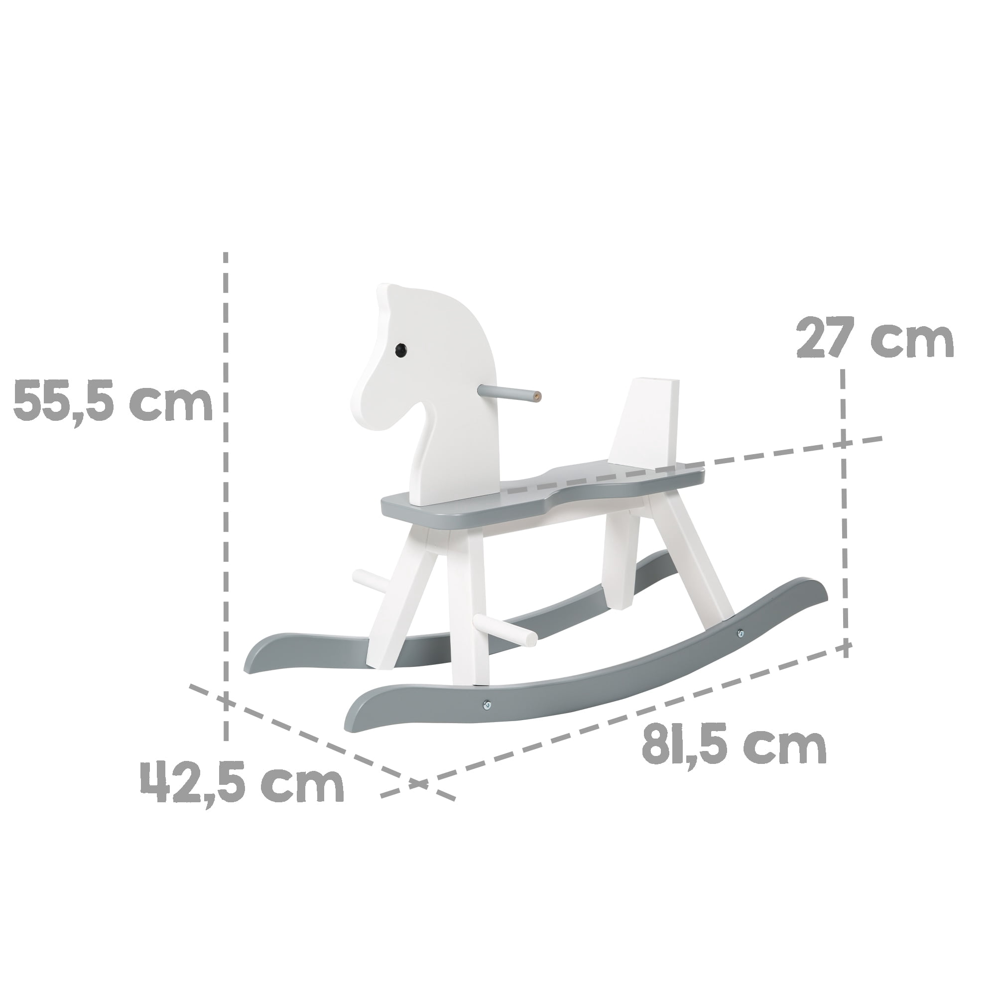 Roba Wooden Rocking Horse - White & Gray - Solid Wood Lacquered, Ride-On, Grows With the Child, Removable Protective Ring, 55 Lb Capacity, For 18+ Months