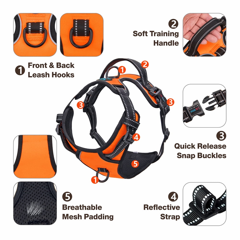 PHOEPET No Pull Dog Harness Medium Reflective Front Clip Vest with Handle, Adjustable 2 Metal Rings 2 Buckles,Orange