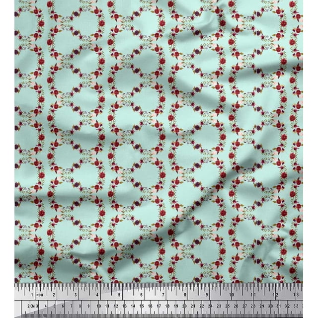Soimoi Tissu Crêpe polyester Vert Anémone & Roses Imprimé Floral Tissu au Mètre 52 Pouces de Large