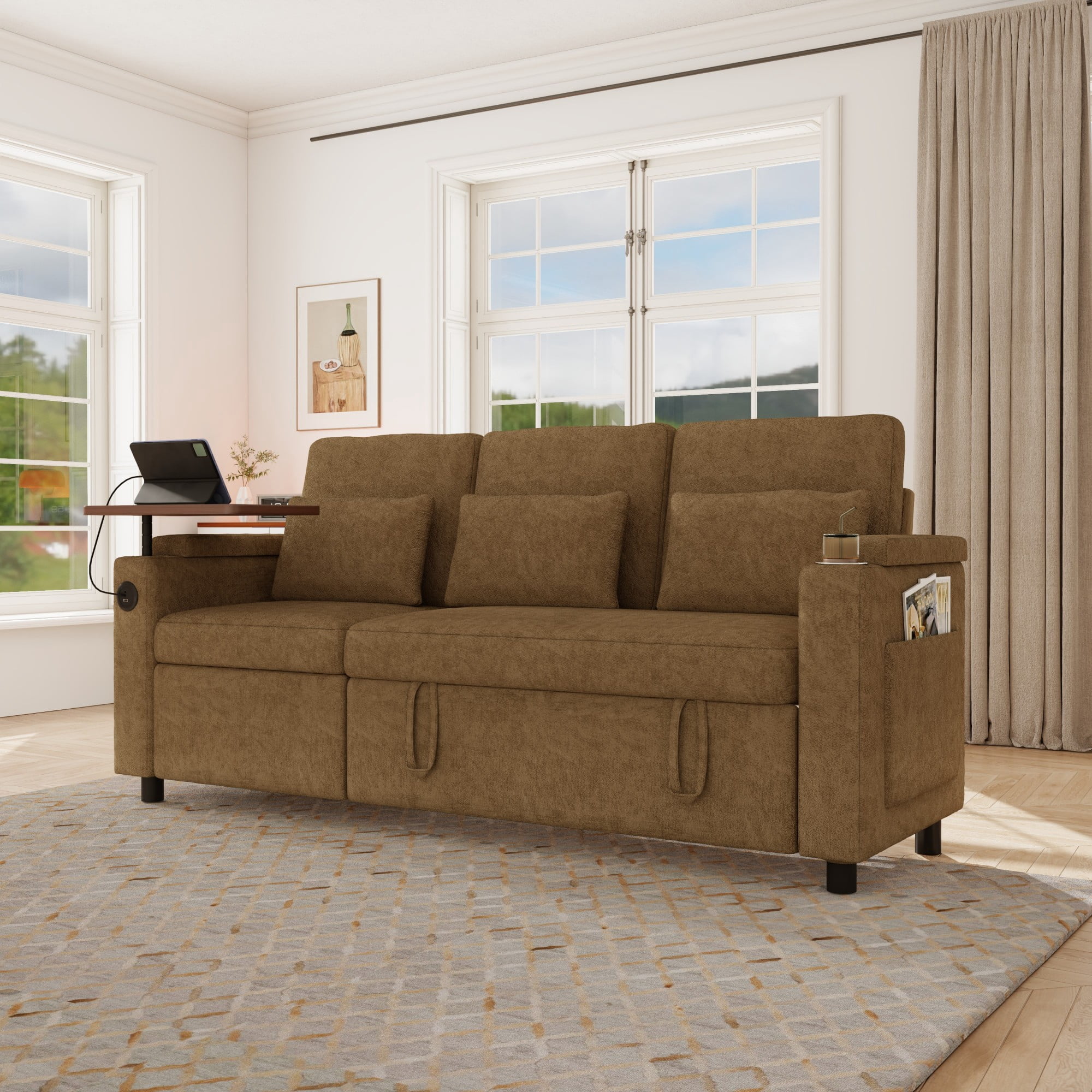 DEALTOPS 81" Chenille Pull-Out Sleeper Sofa Bed with Recliner, Tray Table, USB Ports & Storage, Brown