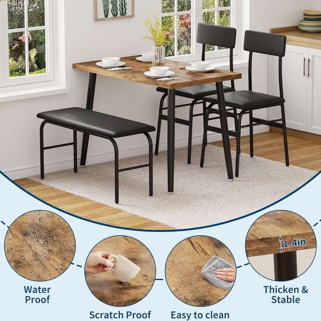 EDTara Compact 4-Piece Kitchen Table Set, Metal Frame Dining Table With 2 Chairs and Bench for Small Apartments