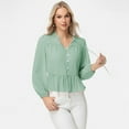 thumbnail image 3 of Women's Long Sleeve Button Front Peplum Blouse with V-Neckline and Gathered Waist Detail - Medium, Green, 3 of 7