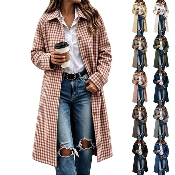 Women's Plaid Long Trench Jacket Lapel Collar Single Breasted Wool Blend Fall Winter Mid Length Pea Coat with Pockets (XL, Pink)