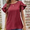 thumbnail image 2 of HAPIMO Women's Trendy Loose Cotton Lined Ruffle Pullover Clearance Summer Tees Petal Sleeve Solid Color Round Neck Shirts Casual Relaxed Workout Blouses for Teen Girls Wine M, 2 of 5