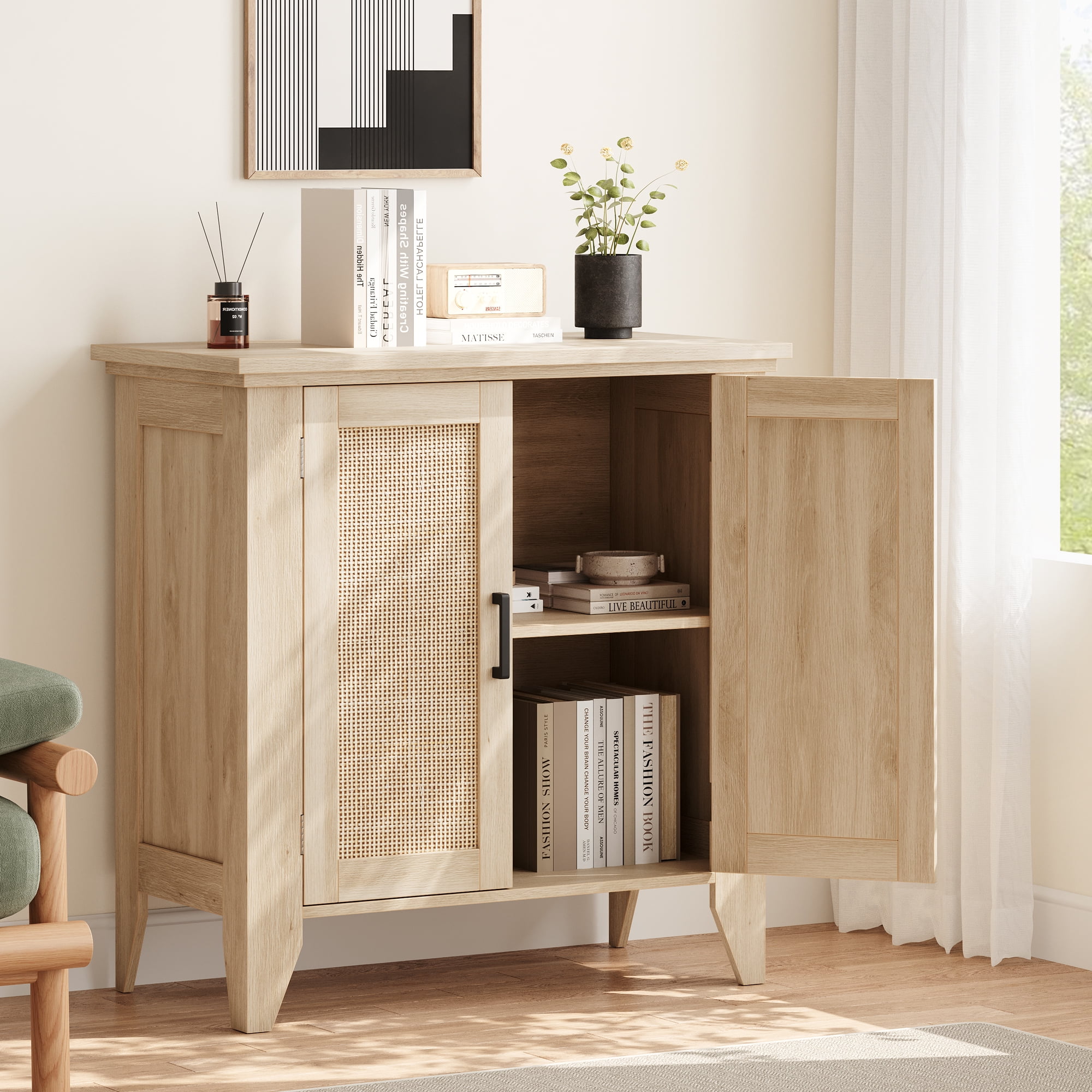 Buffet Cabinet,Rattan Storage Cabinet with Door and Adjustable Shelf,Kitchen Console Cabinet with Storage Space,Suitable for Dining Room,Bedroom,Hallway