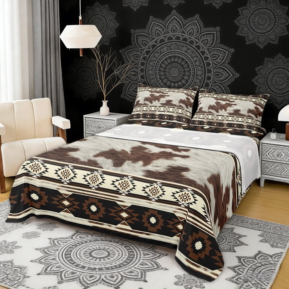 Erosebridal Brown Cow Print Full Size Sheets, Rustic Farmhouse Bed Sheets, Beige Aztec Decor, 4-Piece 1 Flat Sheet, 1 Fitted Sheet and 2 Pillowcases