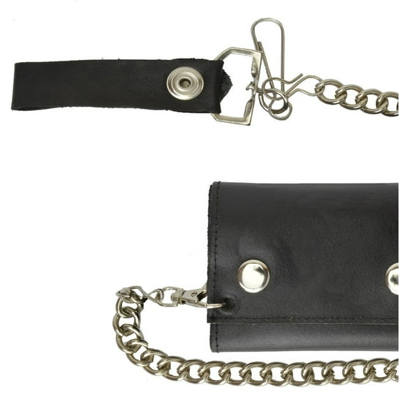 Black Genuine Leather Biker's Wallet Card Holder w/ Chain Trifold New