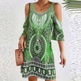 thumbnail image 3 of Vestido Alto Bajo para las Mujeres de Hombro Frío Cuello Redondo Impresión Bohemia Media Manga Mini Patinador Ropa de Playa de Verano Casual, 3 of 5