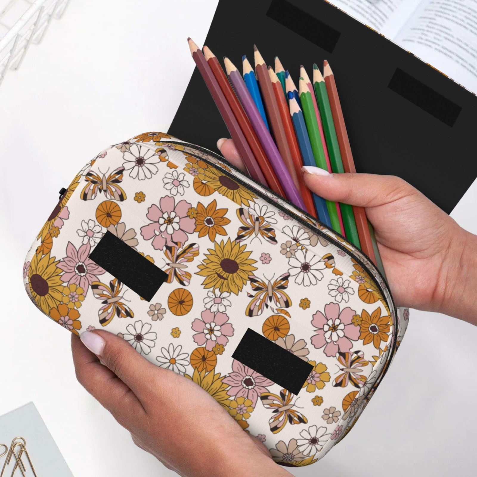 Rateoe Sunflowers And Butterflies Pattern Double Clamshell Pen Case, Storage Organizer with Two Zipper Compartments– Holds Up to 50 Pencils & Pens