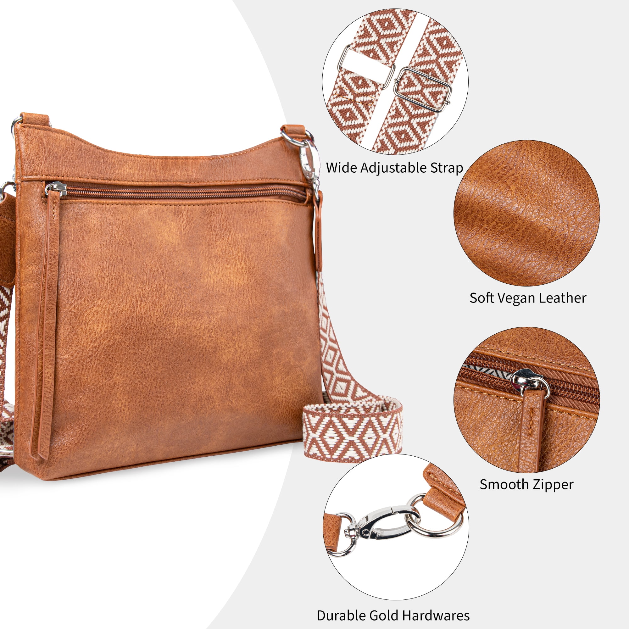 Women's Soft Vegan Leather Crossbody Bag, 2 Interchangeable Straps, Multi-Pocket Spacious Shoulder Purse for Commute, Work, Travel, Shopping & Daily Use, Brown