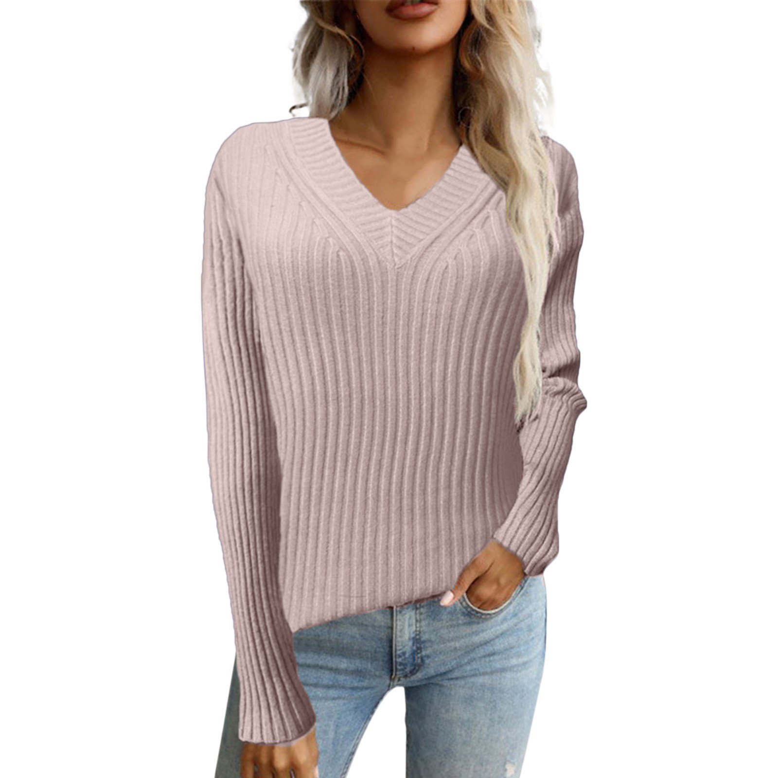 Womens Long Sleeve Lightweight V Neck Sweater Knit Jumper Tops Sweatshirt  Plain - Walmart.com