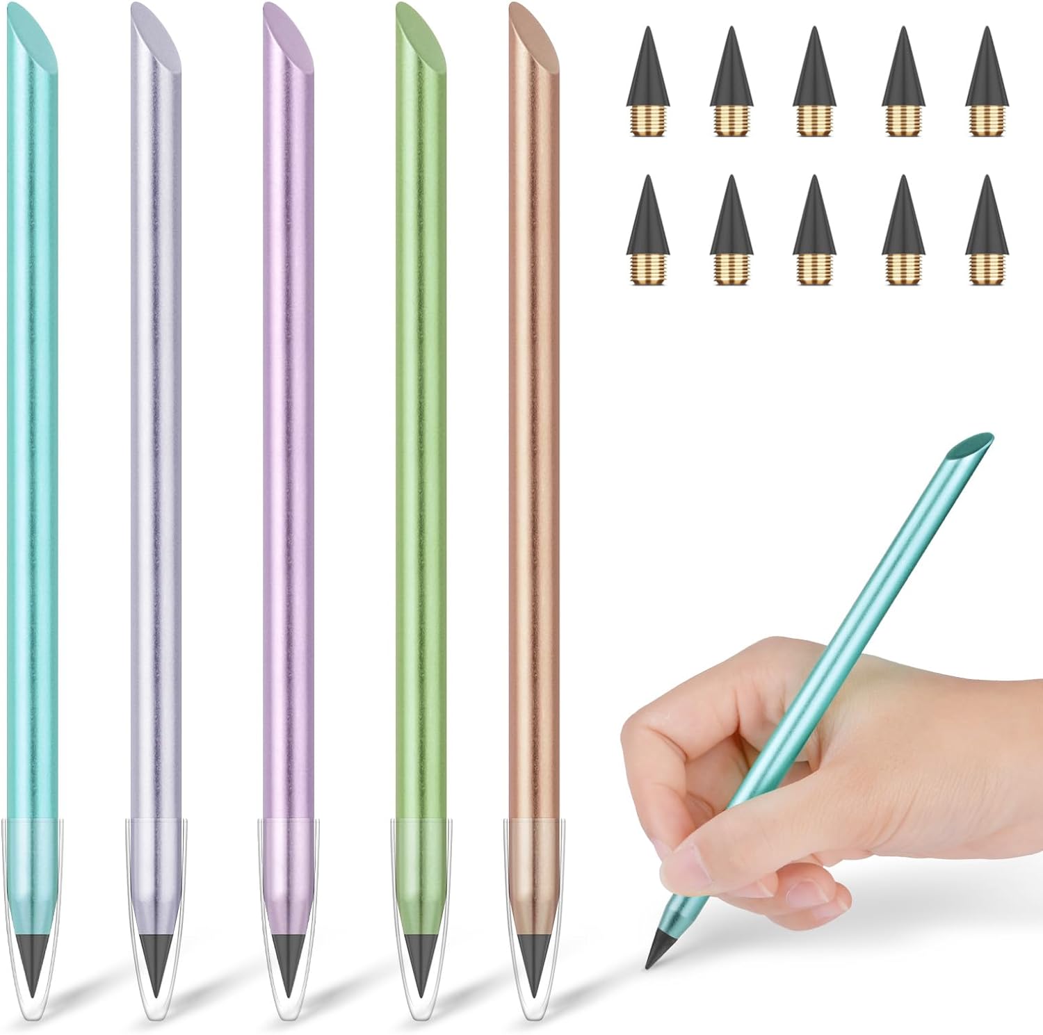 LAICAIW 5 Pcs Crayon Sans Encre en Métal, Crayon Infini, Crayon Éternel Réutilisable, Crayon à Plume Remplaçable avec 10 Plumes Remplaçables pour Écrire Dessiner Étudiants Maison Bureau Fournitures Scolaires