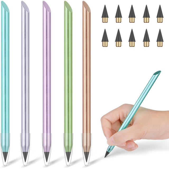 LAICAIW 5 Pcs Crayon Sans Encre en Métal, Crayon Infini, Crayon Éternel Réutilisable, Crayon à Plume Remplaçable avec 10 Plumes Remplaçables pour Écrire Dessiner Étudiants Maison Bureau Fournitures Scolaires