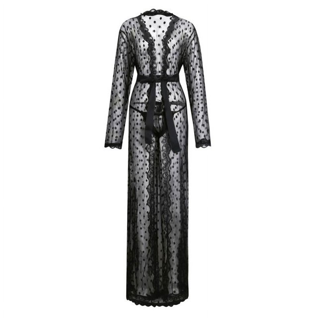 Bata de baño larga tipo kimono de estilo japonés con lunares y encaje sedoso para hombre, hasta el suelo, con abertura transparente y tangas