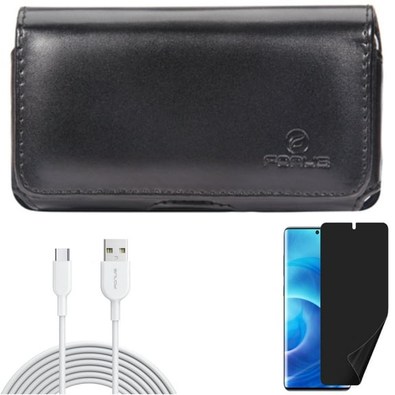 Privacy Screen Protector w Case Belt Clip w 6ft USB-C Cable for Samsung Galaxy S20 - TPU Film [NOT GLASS], Leather Swivel, Type-C Fast Charger O7R fits Samsung Galaxy S20 Model