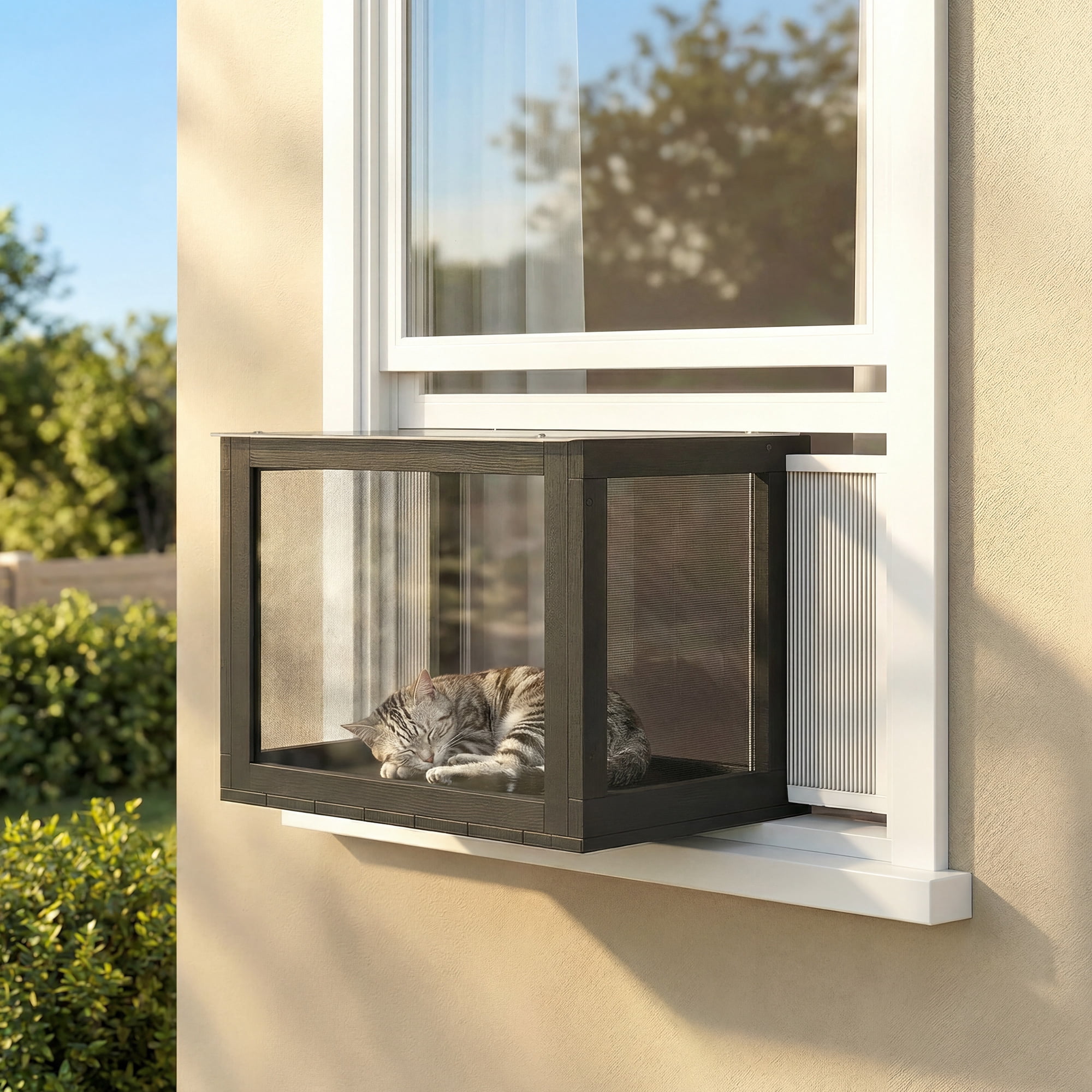 PawHut Catio Outdoor Cat Enclosure Suitable for Window 25"–41", Outdoor Cat House Clear Panel, for Sunbathing, Napping & Overlooking