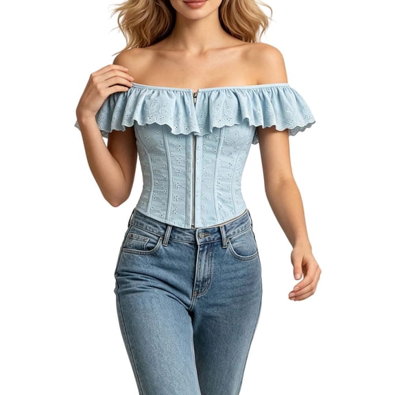 Women Ruffle off Shoulder Top Straight Neckline Lace Up Backless Hook-Eye Front Corset Bustier Top Eyelet Textured Blue-AB S(S)