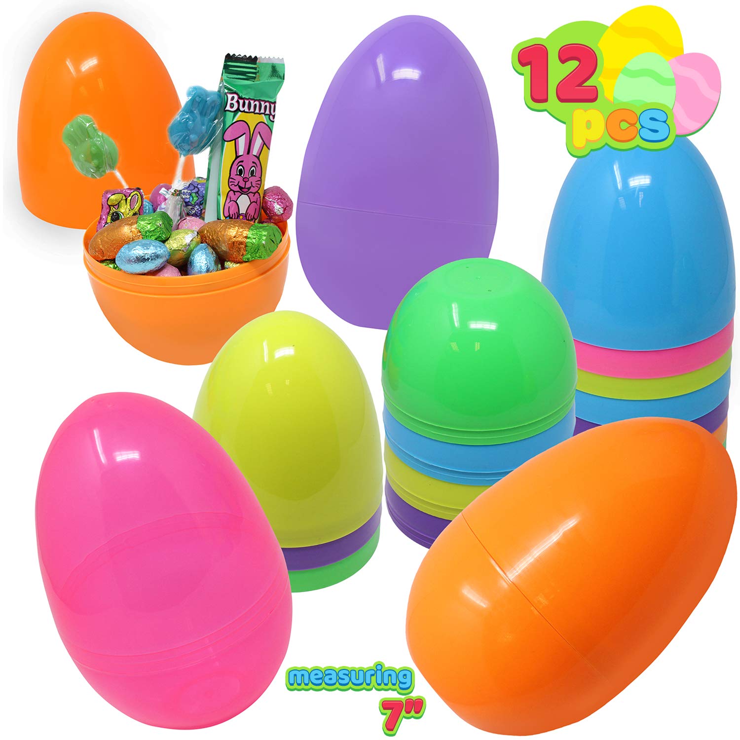 JOYIN 12 Pieces 7" Jumbo Plastic Bright Solid Easter Eggs Assorted Colors for Filling Treats, Easter Theme Party Favor, Easter Eggs Hunt, Basket Stuffers Fillers, Classroom Prize Supplies Toy - image 2 of 6