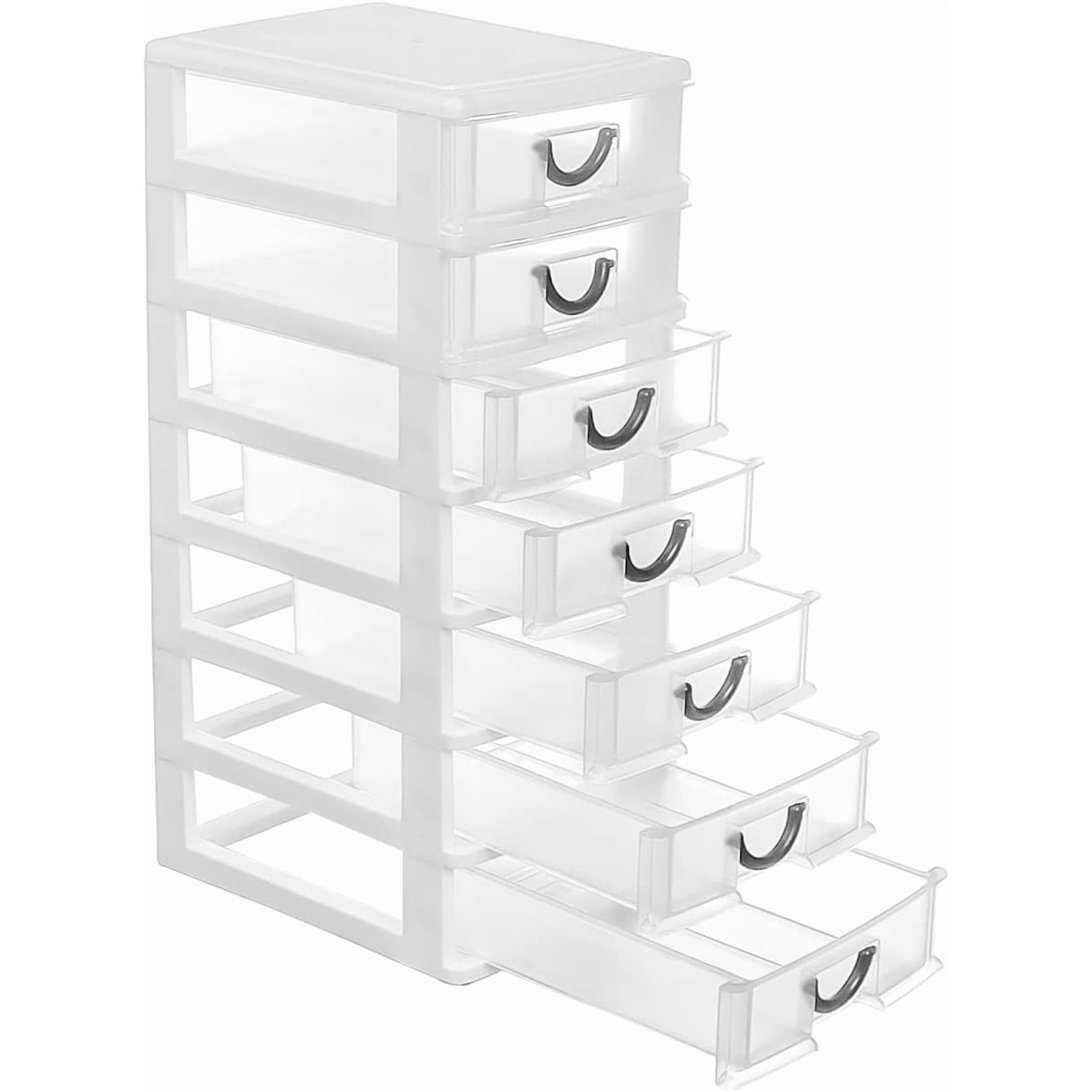 CRUGLA Small Plastic 7 Drawer Desktop Storage System, Organizer Box, Storage Container(5"X7"X13"), White (Mini)