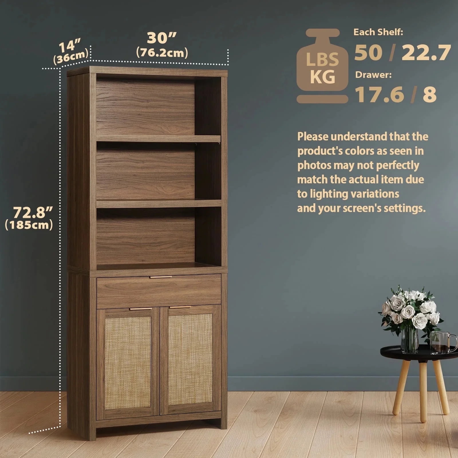 ARKANTOS Rattan Bookcase with Doors, 5 Shelf Adjustable Bookshelf Storage Cabinet, Classic Walnut