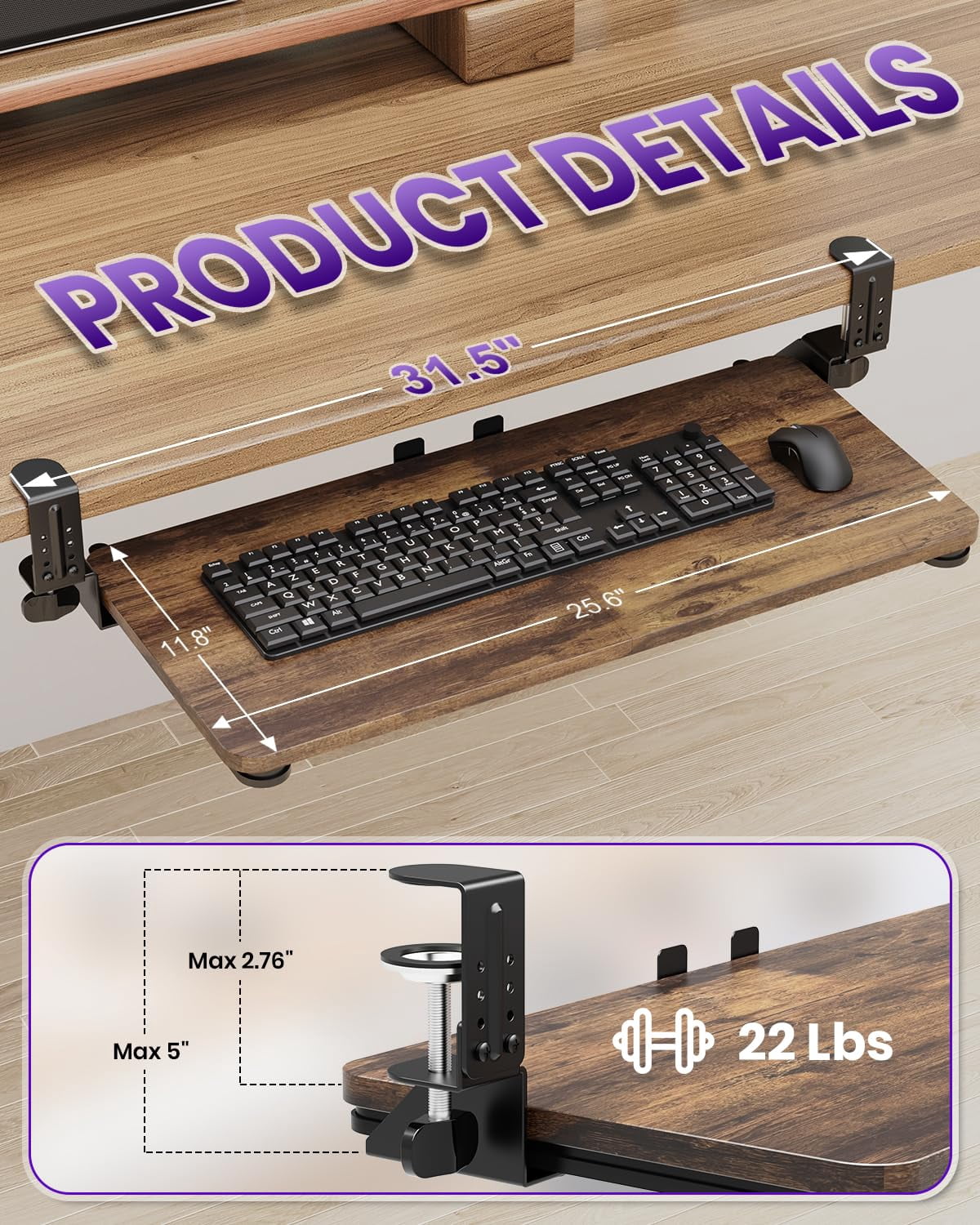 Tray Under Desk  Pull Out With Adjustable C-clamp 25.6 (31.5 Including Clamps) X 11.8 Inch Slide Computer Drawer Mouse For Typing Large & Rustic Brown