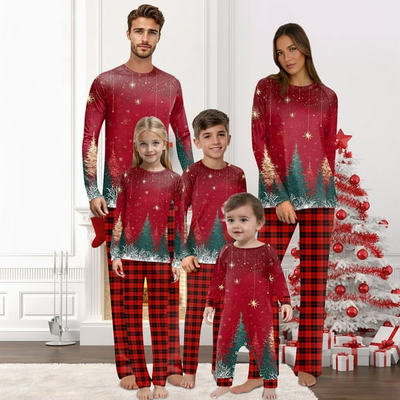 Onlypjs Matching Family Christmas Pajamas for Men, Women and Couples– Red Long Sleeve Tops with Green & Gold Tree Print and Plaid Pants