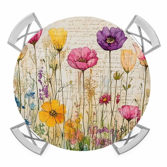 Spring Floral Round Tablecloth for 36-44 Inch Tables,Fitted Table Cover with Elastic Edge,Summer Botanical Watercolor Flowers Pastoral Waterproof Outdoor Table Cloth Protector for Patio Garden Dinner