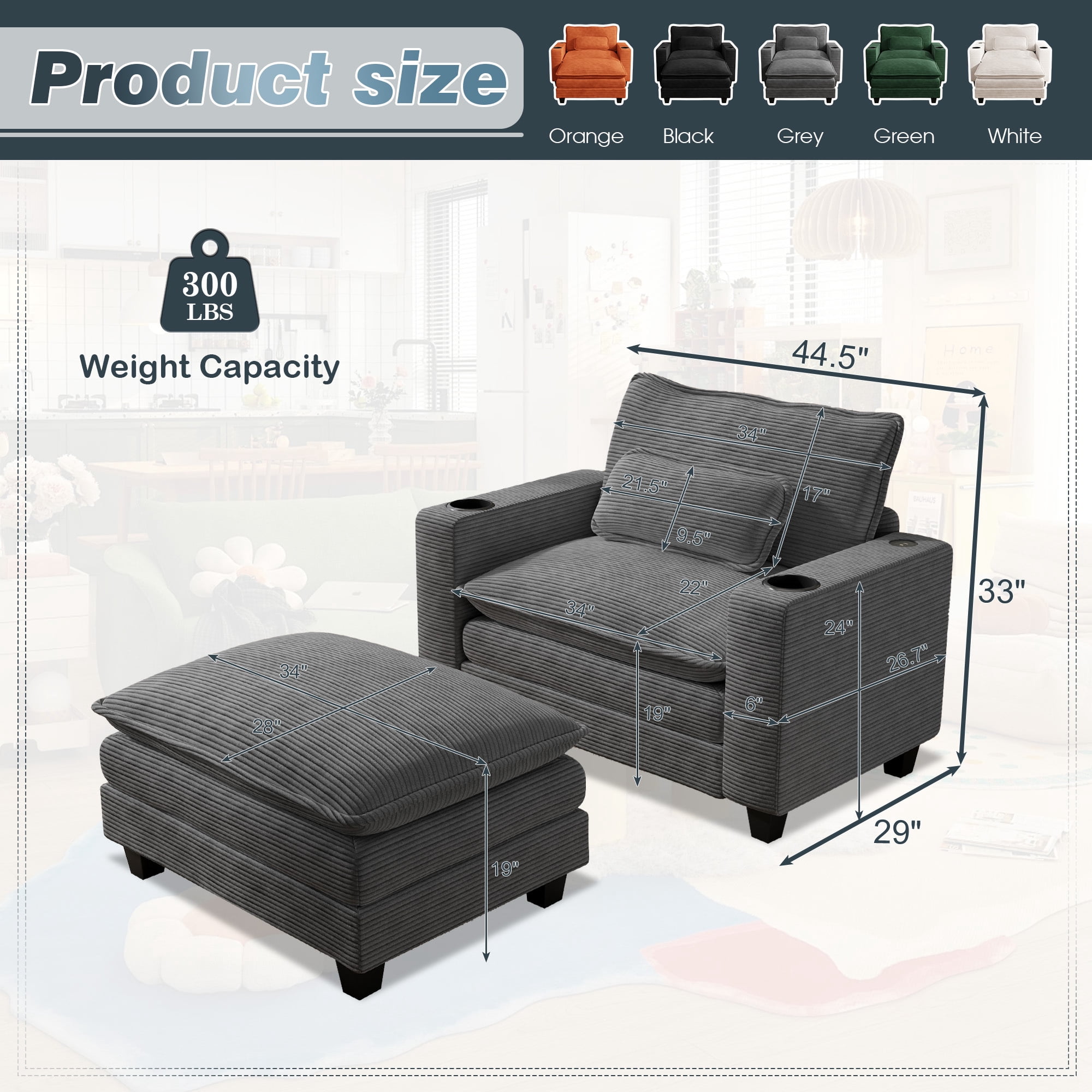 Lunale Oversized Lounge Chair & Ottoman Set - 45.5" Cloud Corduroy Accent Armchair with USB/Cup Holder for Modern Living/Bedroom, Dark Gray