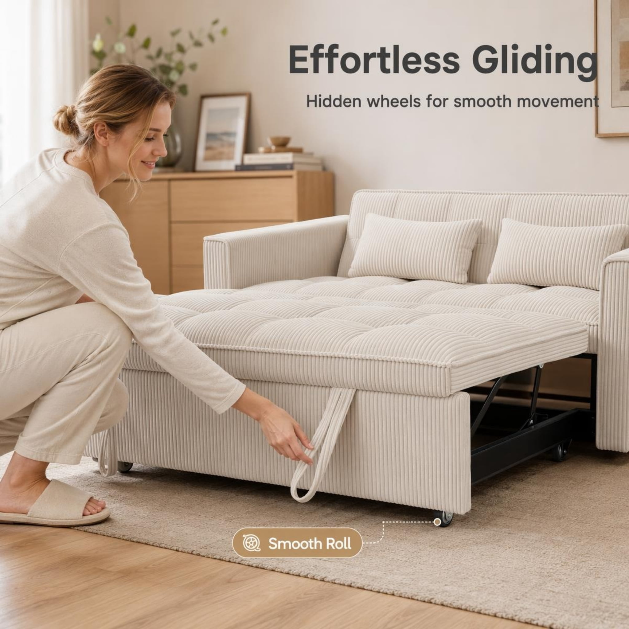 Scolyk 54" 3 in 1 Convertible Sleeper Sofa Bed, Corduroy Loveseat Couch Bed Sofa Pull Out with 5-Position Adjustable Backrest, Storage Pockets, Lumbar Pillows for Living Room, Beige