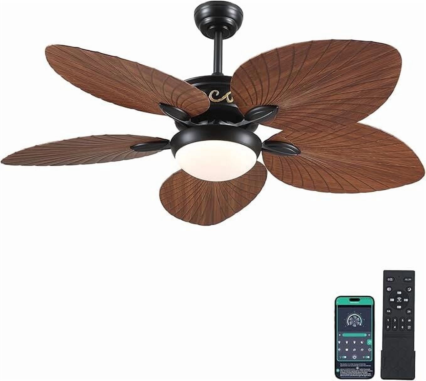PHORUS 52" Tropical Palm Leaf Ceiling Fan with Dimmable LED Light and Remote, DC Reversible Motor, Indoor/Outdoor,Brown