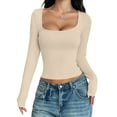 thumbnail image 1 of Womens Long Sleeve Shirts Crop Tops Square Neck Going Out Basics Tees Y2K Winter Clothes Apricot M, 1 of 7