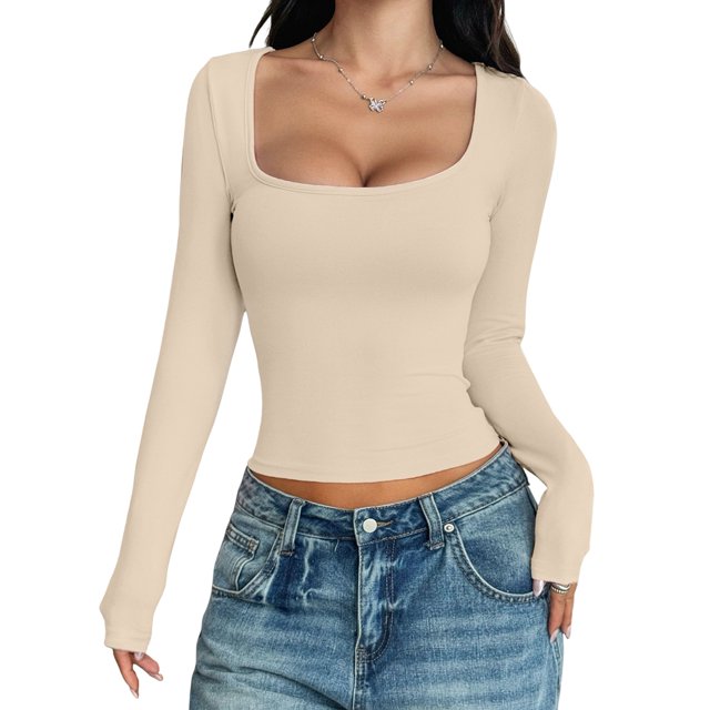 Womens Long Sleeve Shirts Crop Tops Square Neck Going Out Basics Tees Y2K Winter Clothes Apricot M