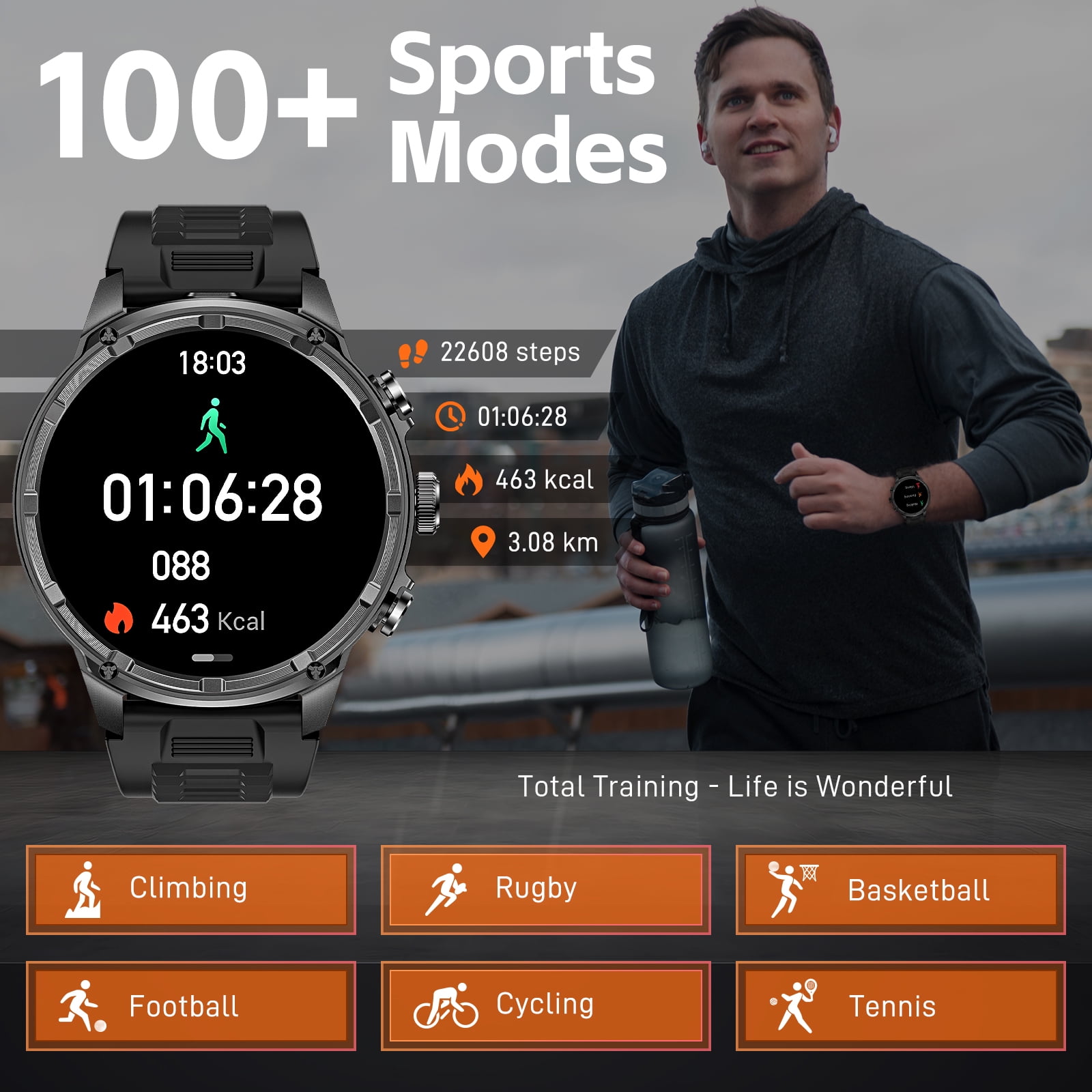 Cyberdyer Men's Smart Watch with Flashlight, 1.85" HD Screen, 100+ Sports Modes, IP67 Waterproof, 40-Day Standby, Compatible with iPhone & Android, Holiday Gift