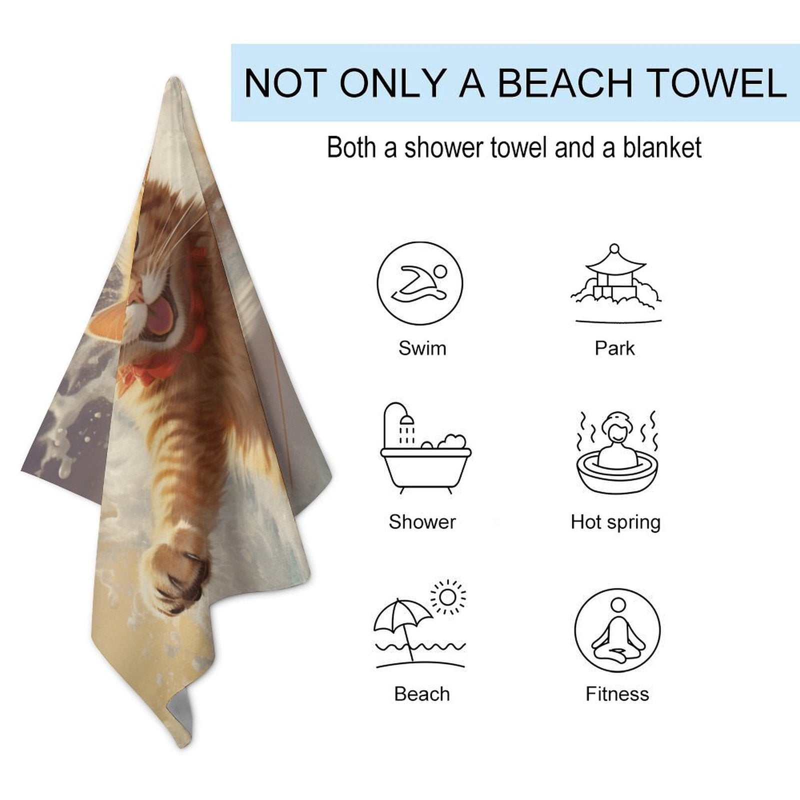 Surfing Cat Microfiber Beach Towel Lightweight 63''x32'' Oversized Extra Large Towels Quick Dry for Travel Pool Yoga Gym Sports Accessories Vacation Essential