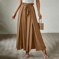 thumbnail image 2 of Women Boho Pleated Wide Leg Pants Solid Ruffle Bow Tie Elastic High Waist Split Flowy Culottes Palazzo Dress Pants Office Beach(M,Brown), 2 of 7